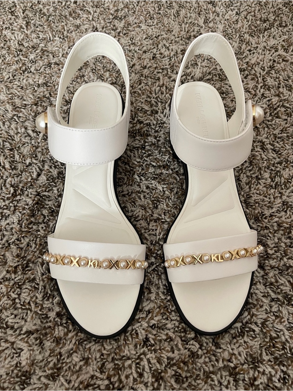 Karl Lagerfeld White Pearl & Gold-Trim Slingback Sandals